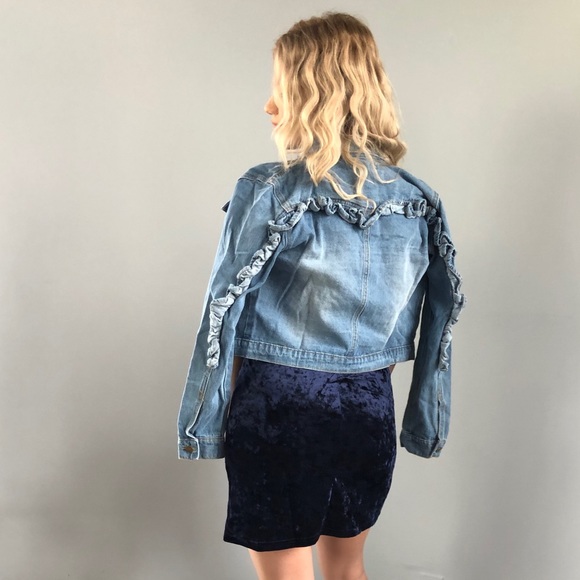 Ruffle back denim jacket- medium wash jean jacket - Picture 7 of 8